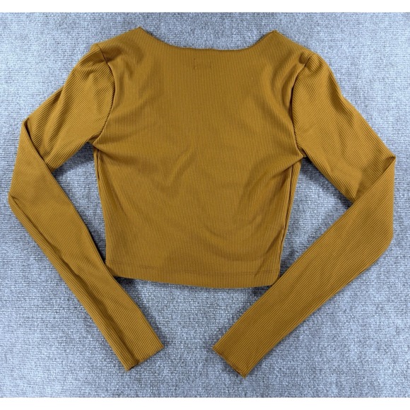 BDG Urban Outfitters Mustard Ribbed Long Sleeve Notch V-Neck Crop Top Size S - Picture 2 of 9